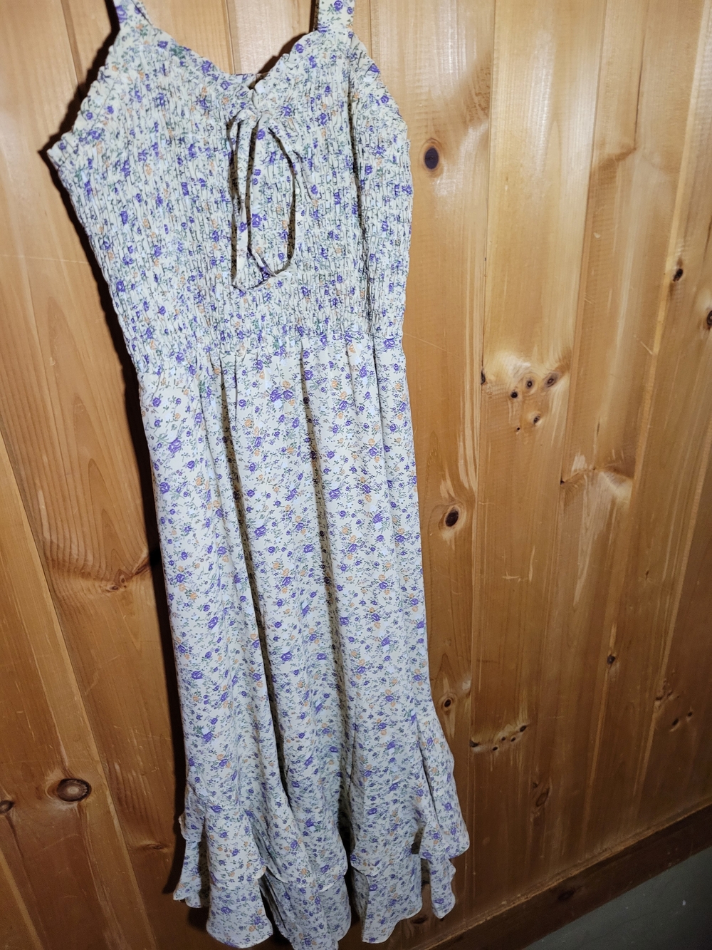 Grace Karin Cream Floral Smocked Maxi Dress with Purple and Yellow Accents